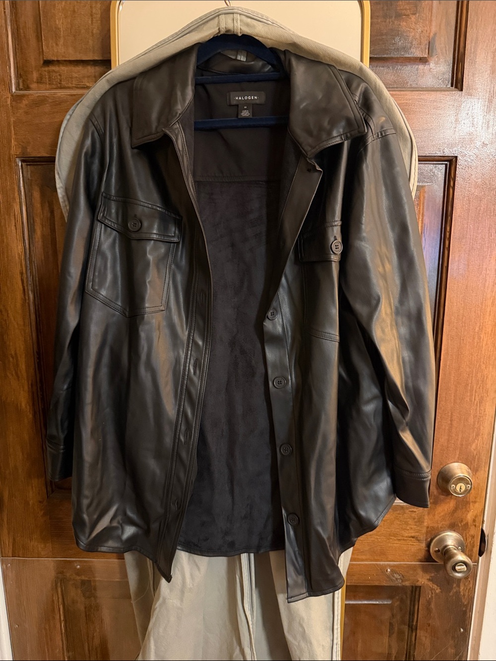 Halogen Black Faux Leather Button-Up Shacket